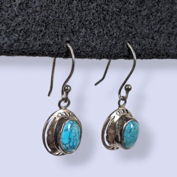 Sterling Turquoise Cabochon Dangling Earrings - Picture 3 of 6
